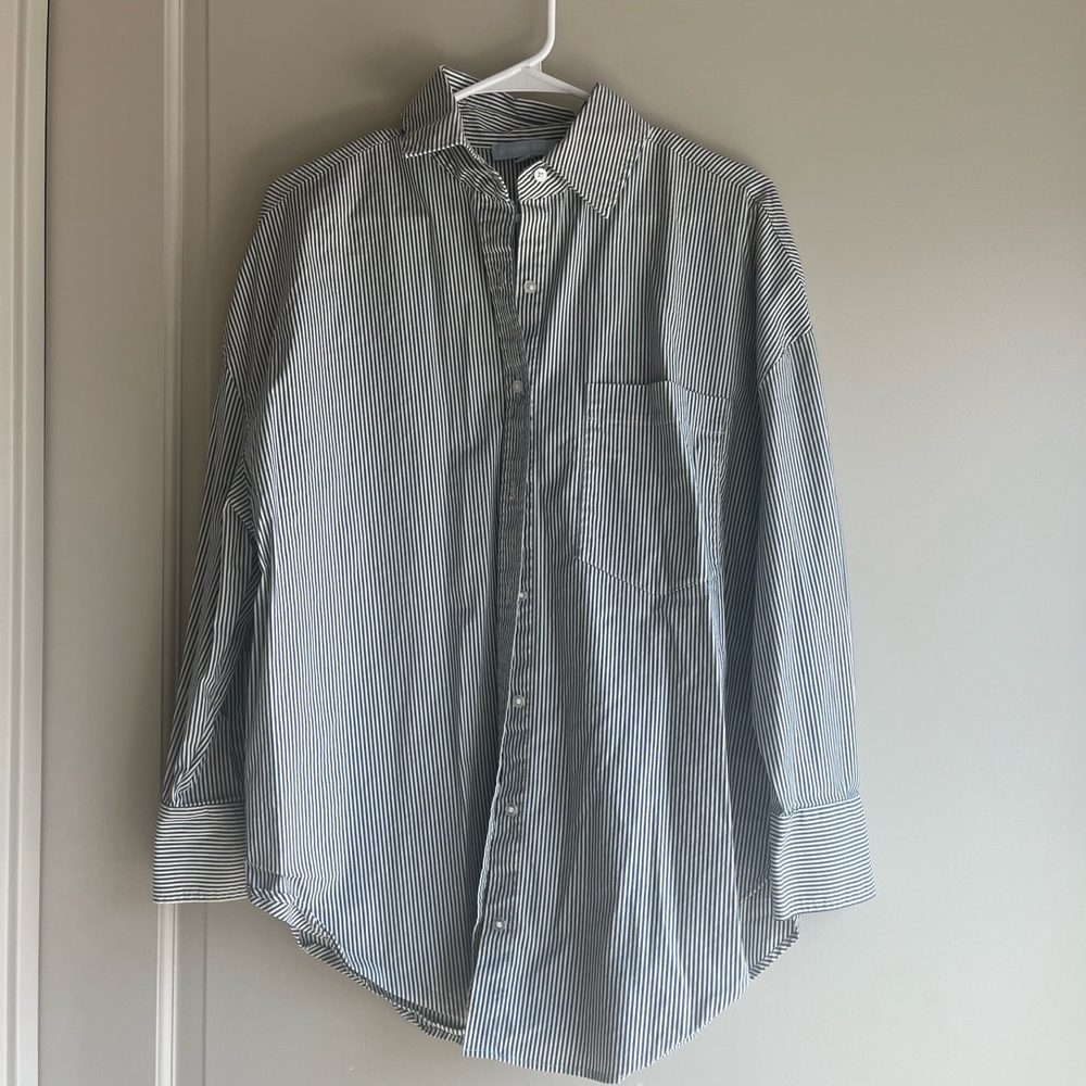 ANTONIO MELANI Navy and White Striped Button-Down Shirt